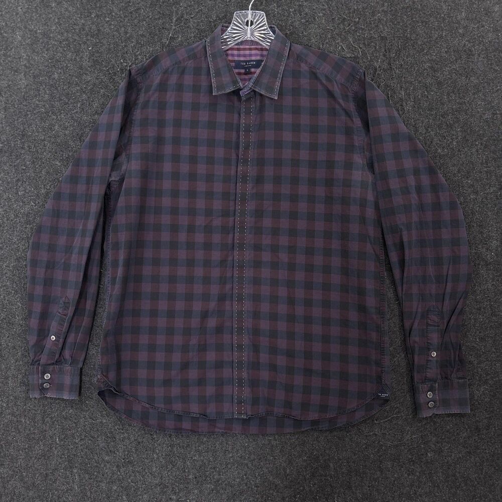 Ted Baker Shirt Men's 5 XL Purple Check 100% Cotton Button Up Casual Long Sleeve